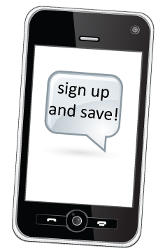 Smartphone with a message to 'Sign up and Save!' on the screen,  